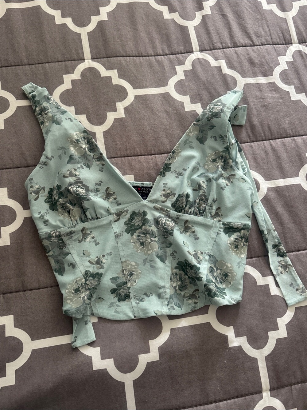 Floral V-Neck Crop Top - Sage Blue Green